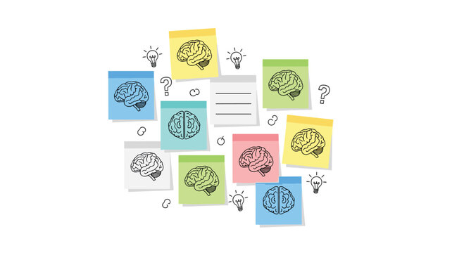 Brain illustrations on colorful sticky notes arranged with question marks and light bulbs, symbolizing brainstorming, inquiry, and problem-solving.