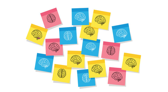 Scattered sticky notes adorned with brain icons on a white background, conveying a concept of scattered thoughts, ideas, and brainstorming.