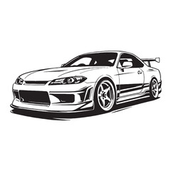 Obraz premium Japanese sports car vector illustration, modified drift car with aerodynamic body kit, black and white automotive line art for apparel design