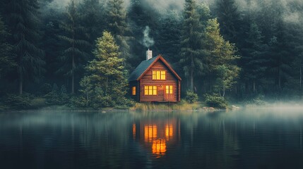 Fototapeta premium A secluded tiny house by the lake shore, surrounded by fog in a coniferous forest, warm light shining from the windows in a 3D render. 