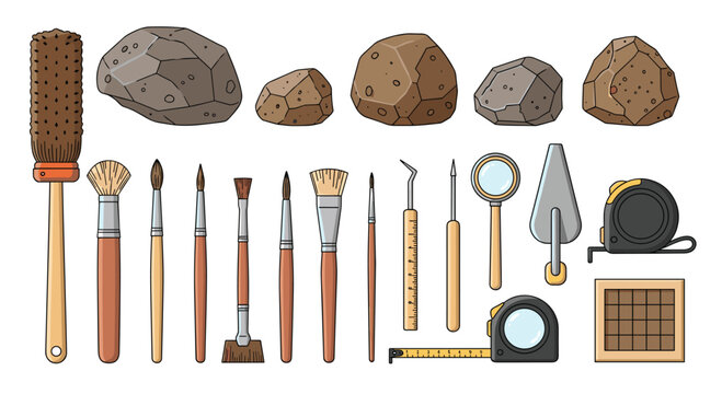 An assortment of archaeological excavation instruments including various brushes, trowels, tape measures, and magnifying glasses is displayed with several raw stones.