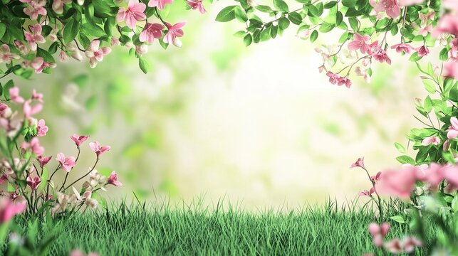 A serene background for International Women&acirc;&euro;&trade;s Day featuring lush green grass and floral decorations, with space for text.