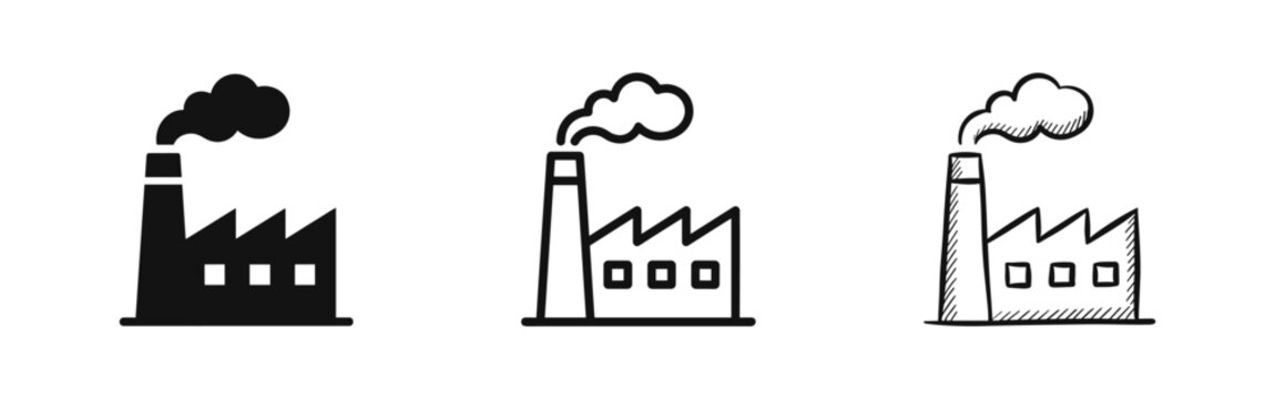 Industrial Factory Icon Set with Smoke Stack Representing Manufacturing and Pollution