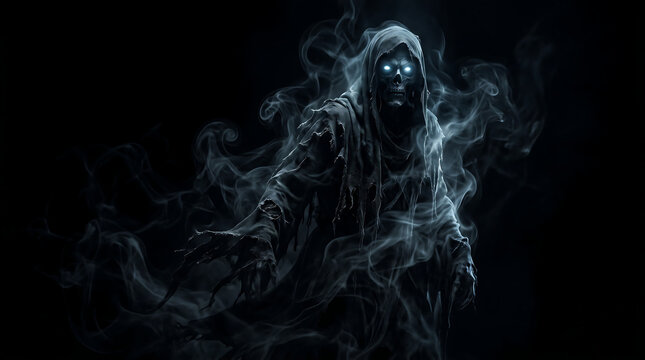 Haunting apparition of a spectral entity emanating from the darkness, a terrifying ghost spirit