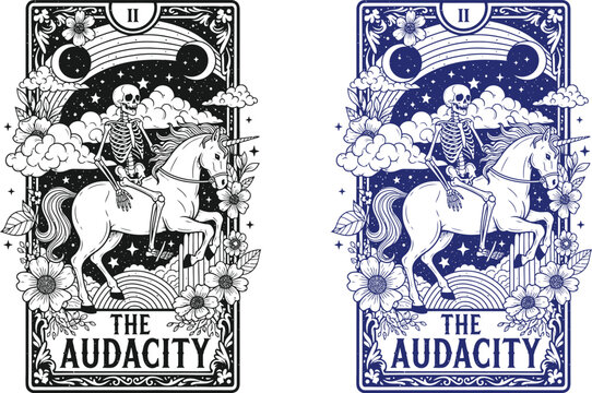 Funny skeleton halloween tarot card the audacity rider on unicorn