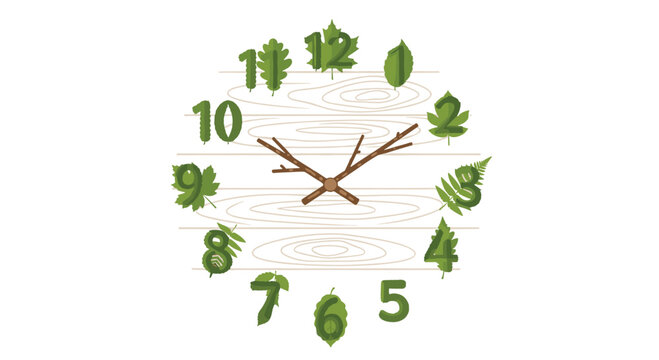 A decorative clock face constructed from assorted green forest leaves as numerals and branch hands set on a textured wooden background in a nature inspired graphic illustration.