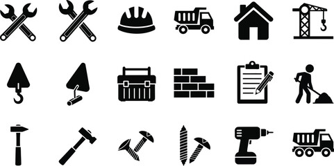 Construction and tools wrenches, hard hat, truck, house, crane, trowels, toolbox, bricks, clipboard, shoveling worker, hammers, screws, drill © My design
