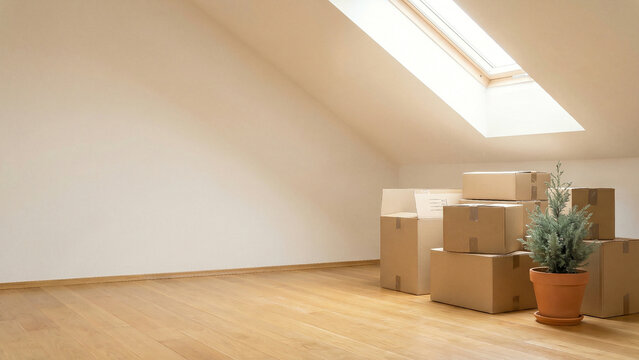 Bright Sunlit Empty Attic Room With Skylight and Stacked Moving Boxes Symbolizing New Beginnings Perfect for Relocation Advertising Real Estate and Lifestyle Presentations