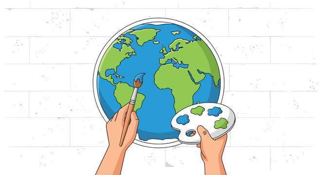 A pair of illustrated human hands carefully paint a detailed globe onto a large textured white brick wall using a colorful artist palette and brush.