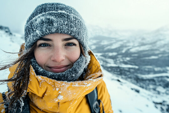 Tourist woman at Arctic polar expedition with snow and generative AI