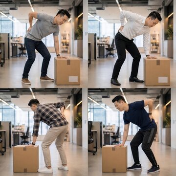 Collage of men lifting heavy cardboard boxes demonstrating proper and improper posture in office workspace