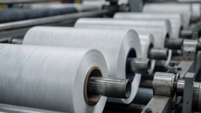 Closeup medium shot of polyester yarn winding on spools designed for conveyor belt production emphasizing smooth consistent fiber texture and industrial setup