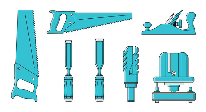 Handheld woodworking tools including saws chisels and a planer rendered in a uniform blue color palette against a plain white background in a flat technical illustration.