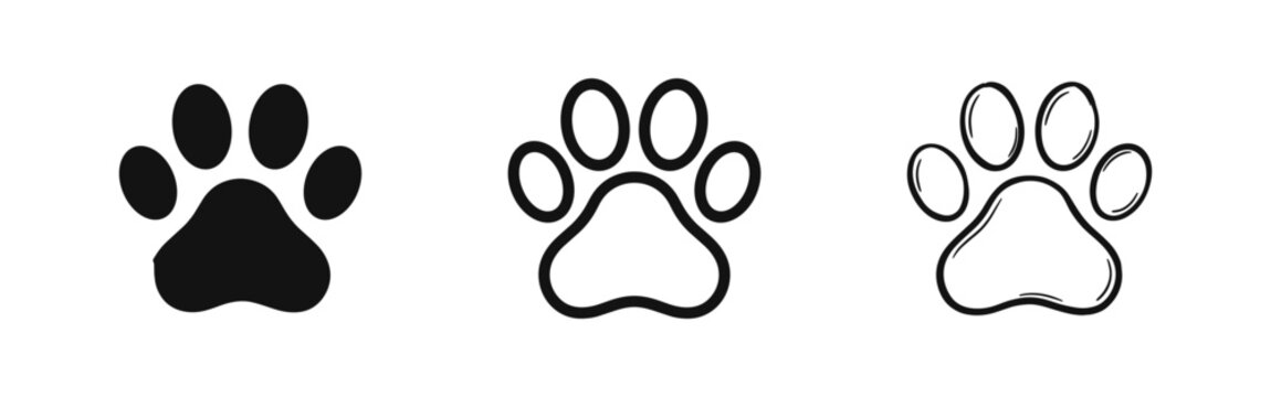 Animal paw print icon set with three styles including solid, outline, and hand-drawn doodle for pet and dog designs