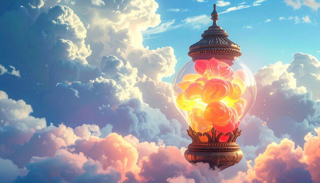 Fantasy glowing lantern with pink flowers on cloudy sky background