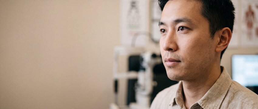 Asian man eye exam patient in optometry clinic looking thoughtful during vision checkup. Close up portrait of male in ophthalmologist office with blurred ophthalmic testing equipment and copy space.