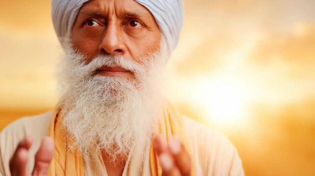 Elderly man in turban meditating at sunrise with prayer gesture and warm glow