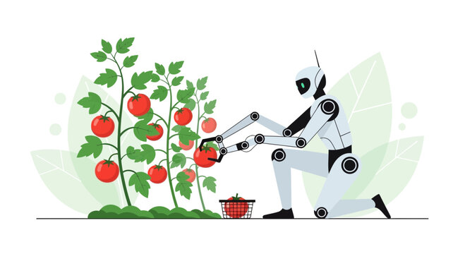 Robot harvesting ripe tomatoes in a smart farm, futuristic agriculture technology