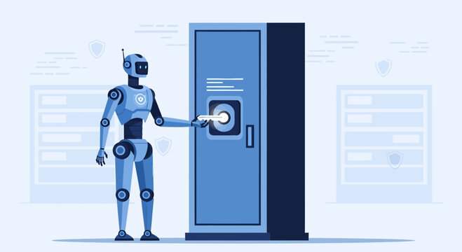 Robot inserting key into server rack door for data center security and automation