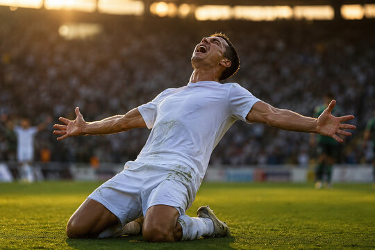 Passionate soccer player in white jersey kneeling and celebrating victory in a stadium at sunset. Professional athlete cheering after scoring a goal during football match at golden hour.