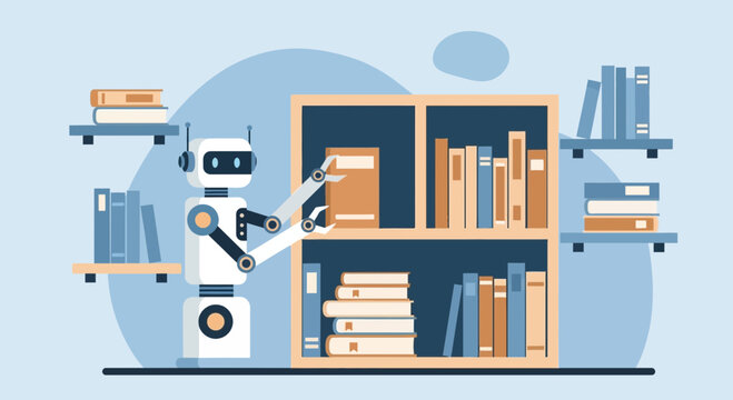 Robot librarian organizing books on shelves, futuristic library automation concept