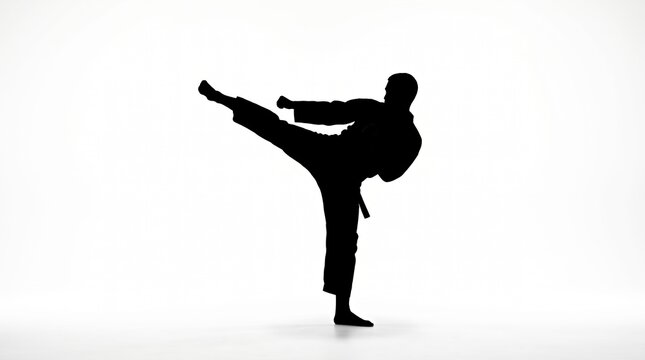 Silhouette of a Karate Practitioner Performing a High Kick