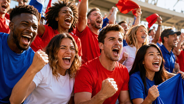 Excited diverse group of sports fans cheering in stadium stands. Enthusiastic supporters in red and blue jerseys celebrating a victory during a professional football or soccer match.