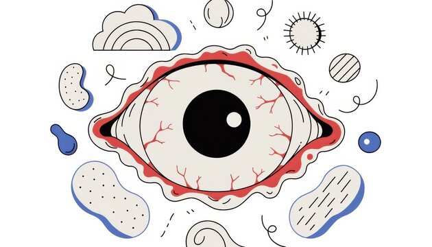 Crisp flat illustration of inflamed conjunctiva with focused bloodshot eye and allergy irritants featuring subtle blue accents on a bright white canvas ideal for medical