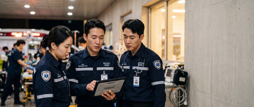 Korean emergency paramedics medical team looking at digital tablet outside hospital department at night, focused professional first responders in blue uniforms coordinating urgent rescue operations.