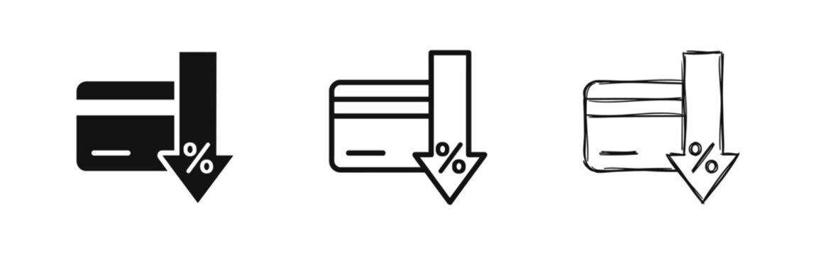 Credit card cashback and discount icon set featuring solid line and hand drawn styles for finance and shopping
