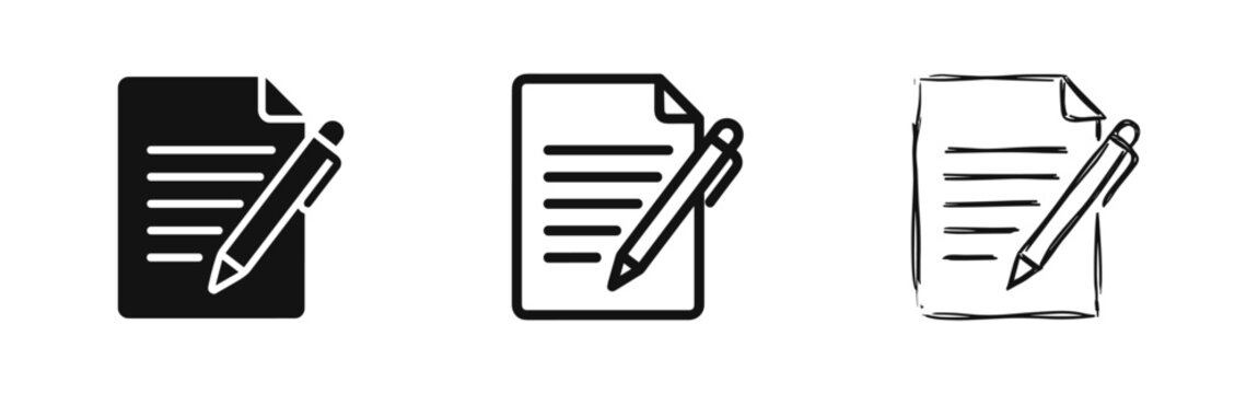 Document and pen icon set in solid line and hand drawn sketch styles for writing and editing concepts