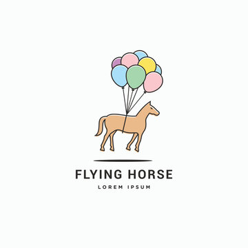 Flying horse with balloons logo design. Helium balloons float the horse symbol icon sign cartoon style vector illustration