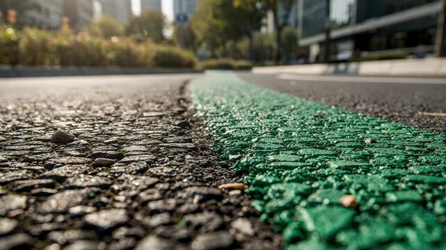 Closeup medium view of green pigment mixed into asphalt for ecofriendly bike lane surfacing emphasizing sustainable urban mobility design