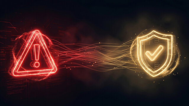 Glowing Neon Warning Triangle and Golden Security Shield Over Dark Background Toward Protection and Trust Perfect for Cybersecurity Advertising and Technology Presentation