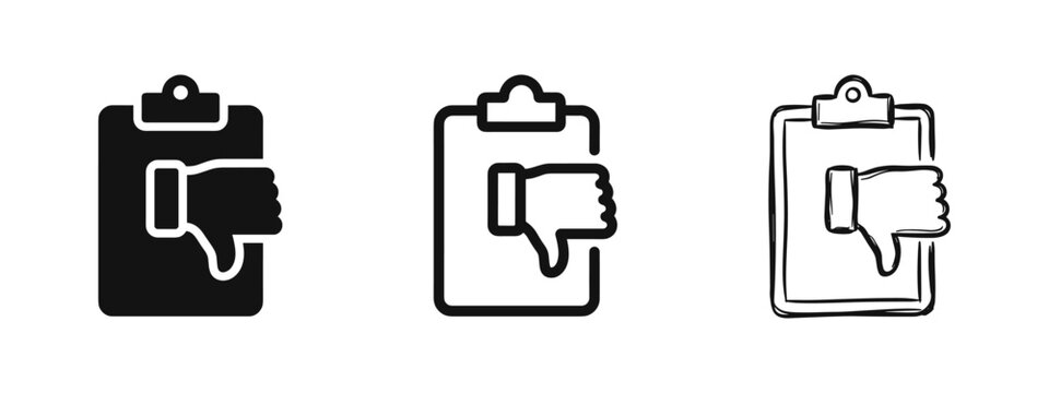 Negative Feedback Clipboard with Thumbs Down Icon Set for Bad Review and Rejection