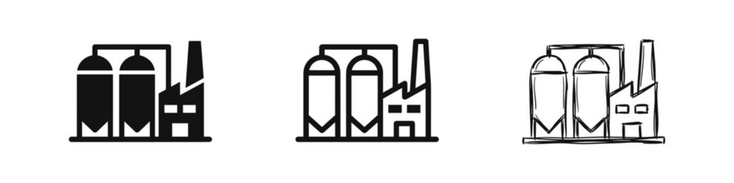 Industrial Factory with Silos and Smoke Stack - Solid, Outline and Sketch Style Icons