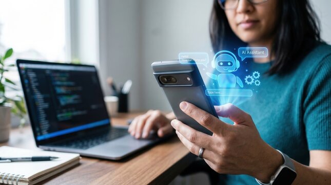 Woman using smartphone with ai chatbot interface and laptop displaying code on a bright modern workspace