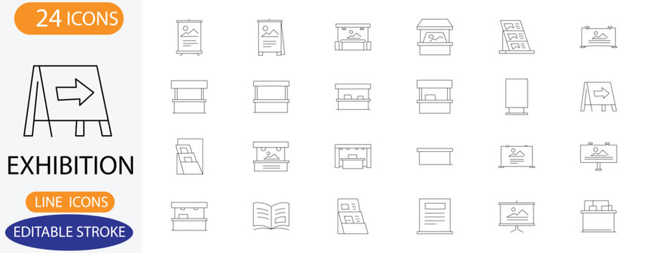 Exhibition, advertising stand & Trade Show Line Icons &ndash; Editable Stroke Vector Set
