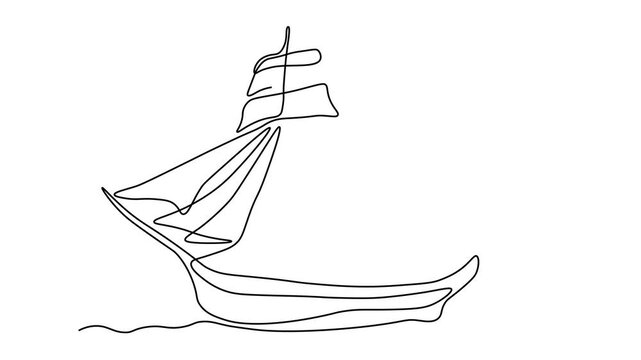 Vintage sailing ship, sailboat, Self drawing animation one continuous line draw, logo on white background