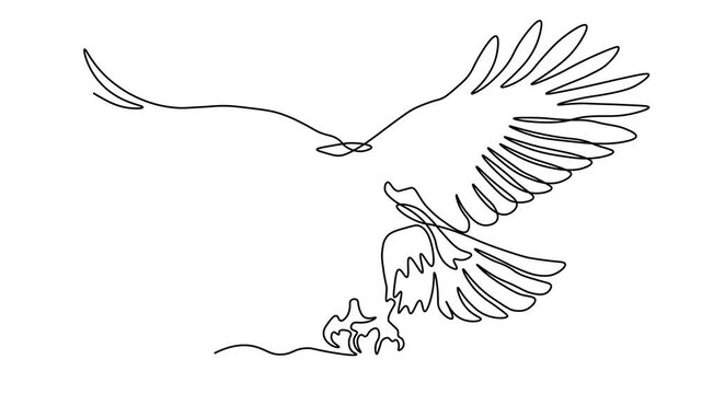 large bird of prey in flight, an eagle with open wings, Self drawing animation one continuous line draw, logo on white background