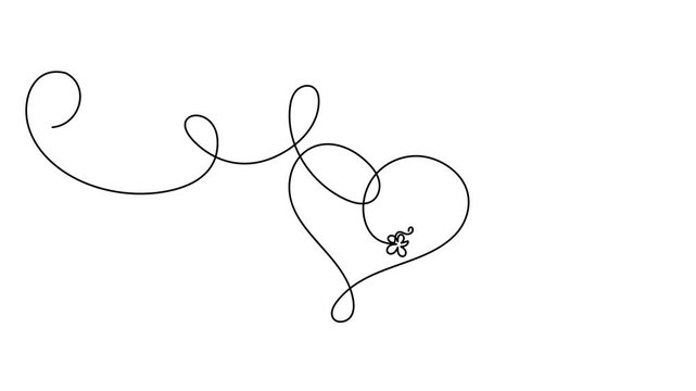 Abstract drawing with curls, flowers and a heart, romance,  Valentine's day, love. continuous single one line art hand drawing sketch logo on white background