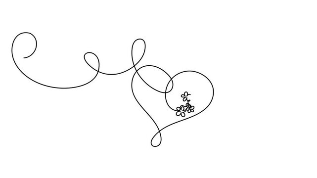 Abstract drawing with curls, flowers and a heart, romance,  Valentine's day, love. continuous single one line art hand drawing sketch logo on white background