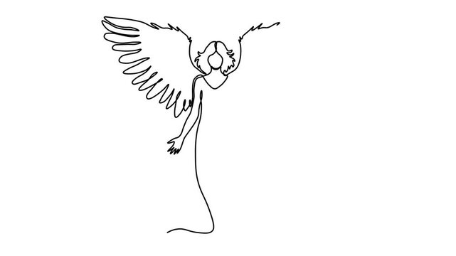angel with wings, Self drawing animation one continuous line draw, logo on white background