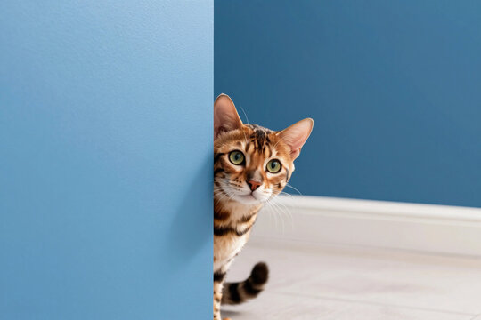 A playful Bengal cat cautiously peeks out from behind the corner of a blue wall in a minimalist interior. A mysterious and cute moment.