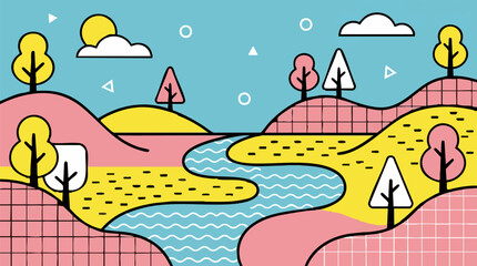 Naklejka premium Vibrant Memphis style abstract landscape illustration with river, hills, and trees