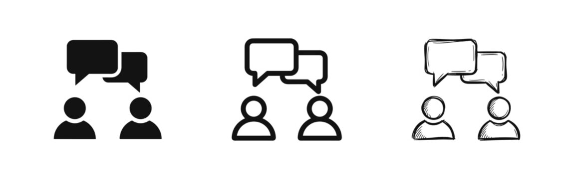 Communication and Chat Icon Set, Two People Speaking with Speech Bubbles Symbol, Social Networking Graphic
