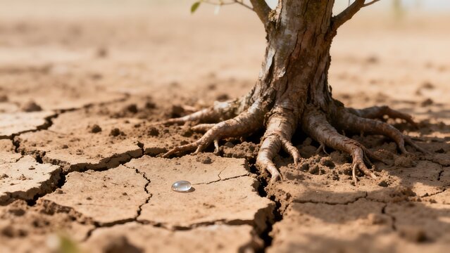 Tree with exposed roots in dry cracked soil