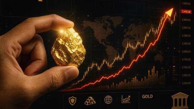 Hand holding gold nugget with rising financial chart and world map background representing investment growth