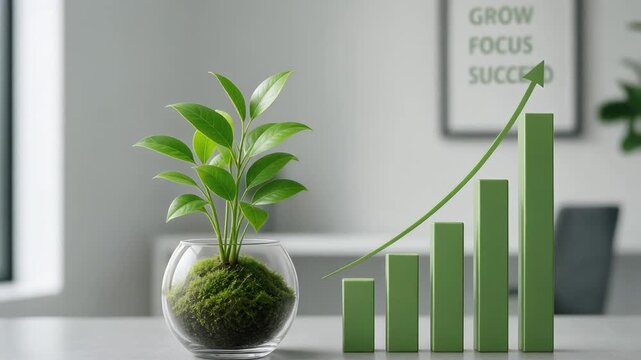 Green plant in glass pot with rising growth graph symbolizing success and business growth concept