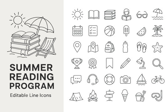 Editable line icons for summer reading programs and activities. Includes books, beach, travel, and leisure symbols. Perfect for education and fun.